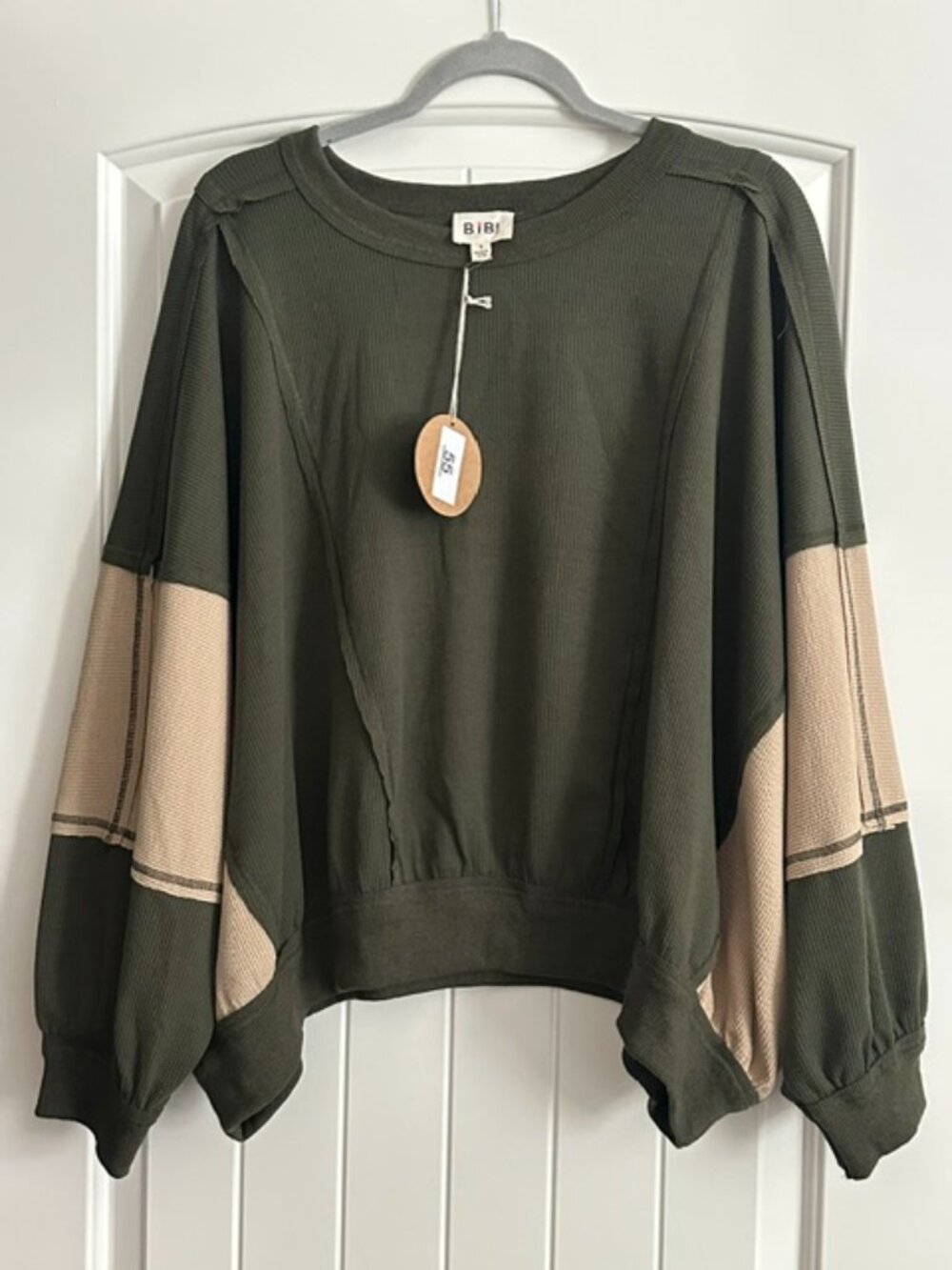 NWT BiBi Ribbed Olive Green/ Tan Long Sleeve Top size- SMALL